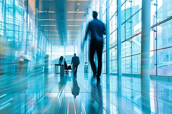 outputs vs. outcomes intro man walking down blurred corridor