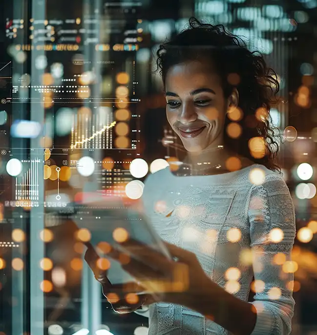business lady using tablet against digital background
